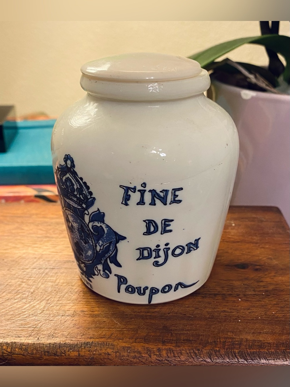 VTG Fine De Dijon Poupon French Mustard Pot Jar W Lid White w Blue Crest Small